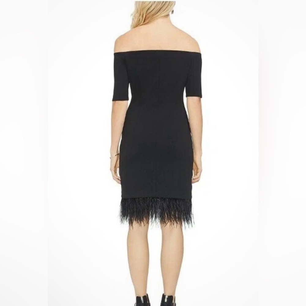 NWOT Vince Camuto Black Off Shoulder Dress~Ostrich Feathers on Hem~Large - Picture 2 of 8
